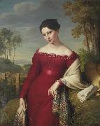 Eduard Friedrich Leybold, Portrait of a young lady in a red dress with a paisley shawl